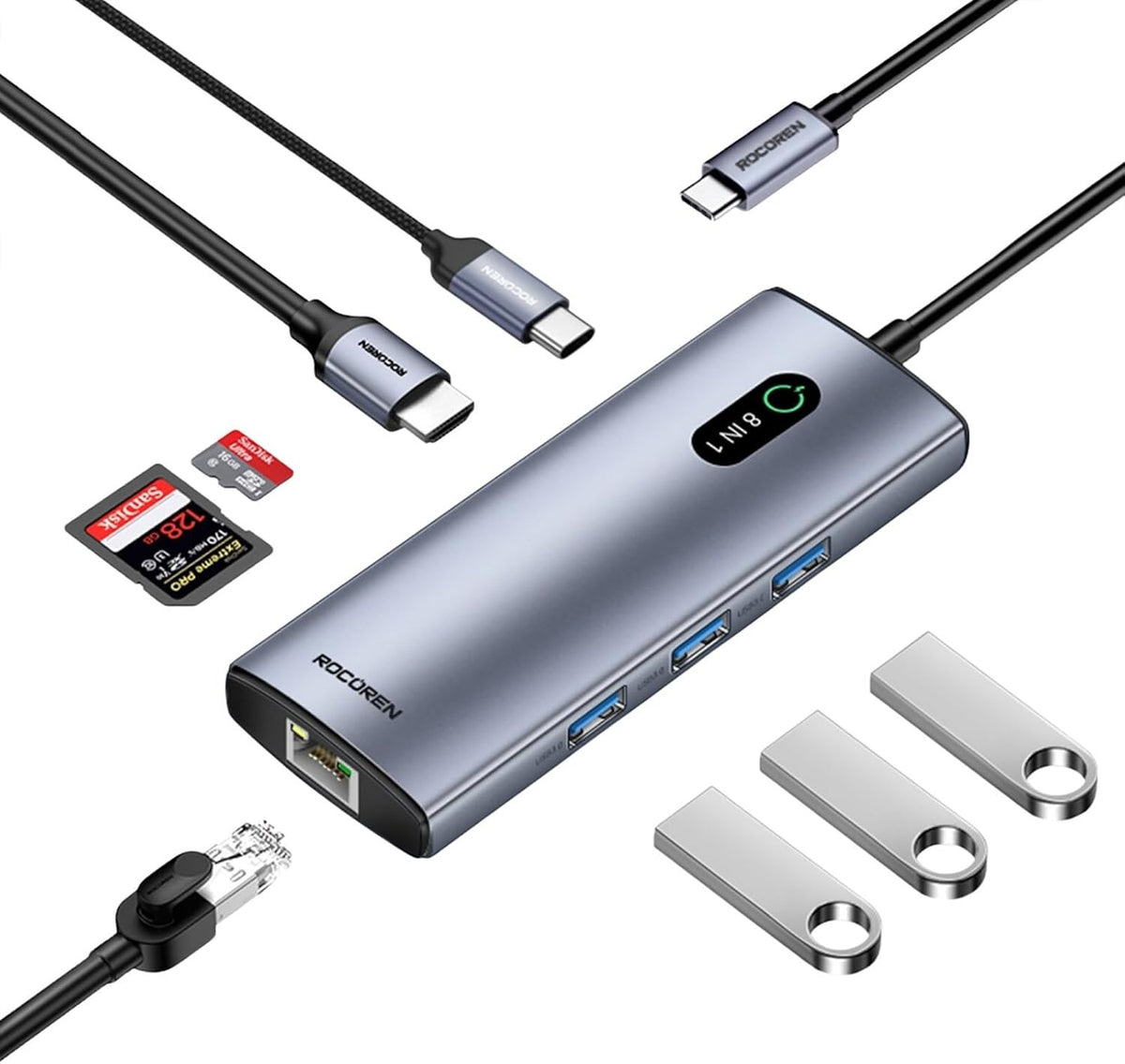 Rocoren 8 Portlu 4K 30Hz Gigabit Ethernet SD TF Kart Okuyuculu 3*USB3.0 PD 100W Destekli Hub Çoklayıcı