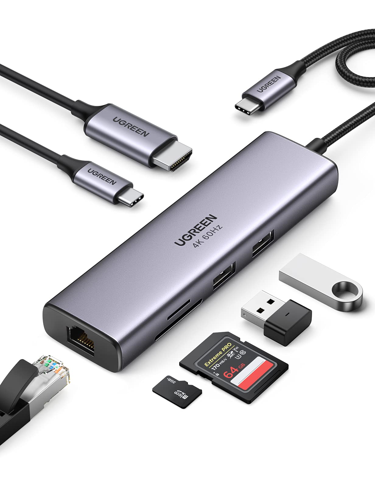 UGREEN USB C Hub 4K 60Hz HDMI HDR 1Gbps Ethernet 100W PD, SD/microSD, MacBook Air/Pro, iPad için 2 USB 3.0 Uyumlu