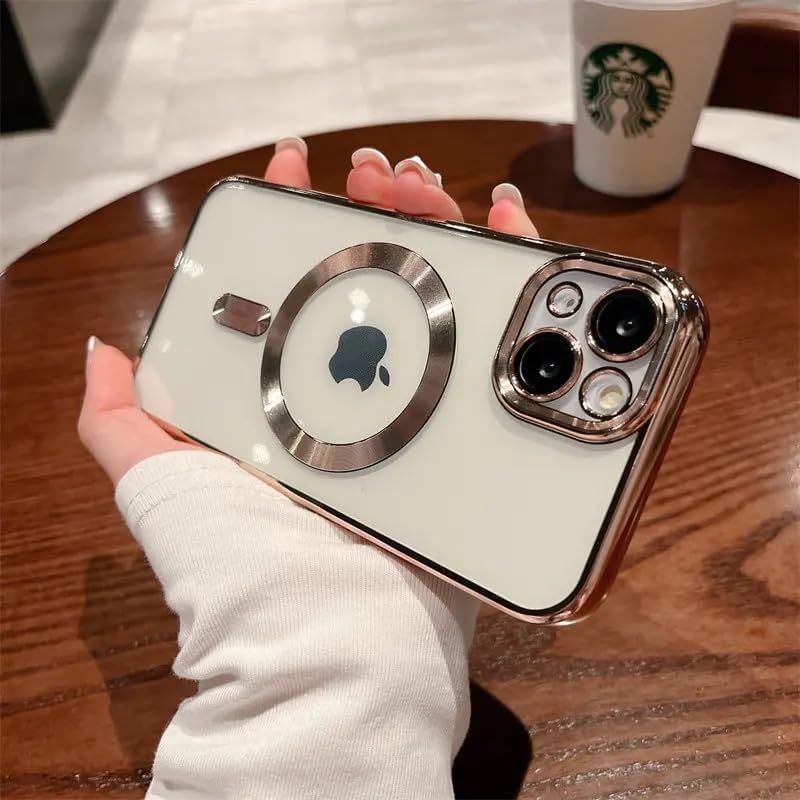 & AKSESUAR iPhone 13 için Magsafe ile Uyumlu Arka Kısmı Parlak Yapıya Sahip Silikon Yapılı Güçlendirilmiş Mıknatıslı Lens Koruyuculu Wireless Kablosuz Şarj Destekli Kılıf (Altın Rengi)