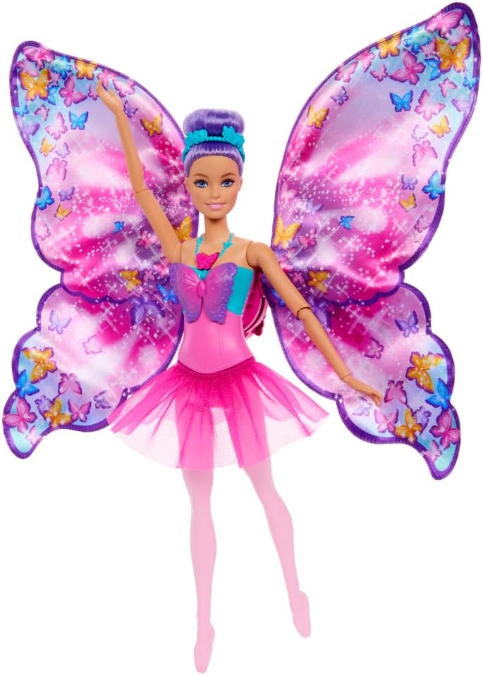 Barbie Kelebek Dansçı Bebek, Kanatlarını açarak kelebeğe dönüşen 2'si 1 arada mor saçlı Barbie Kelebek Dansçı bebek, saç aksesuarı, çıkarılabilen tütü, HXJ10