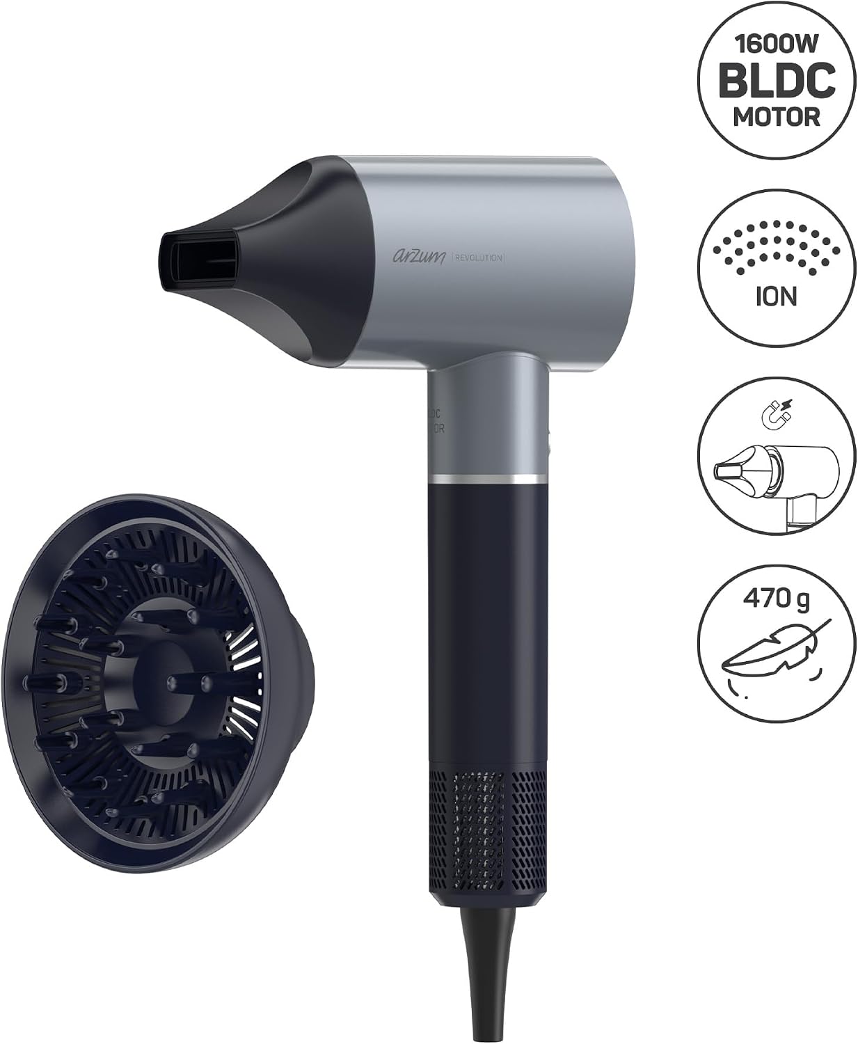 Arzum AR5169 Revolution Profesyonel İyonlu Saç Kurutma Makinesi 1600W, BLDC Motoru, Platin Gri