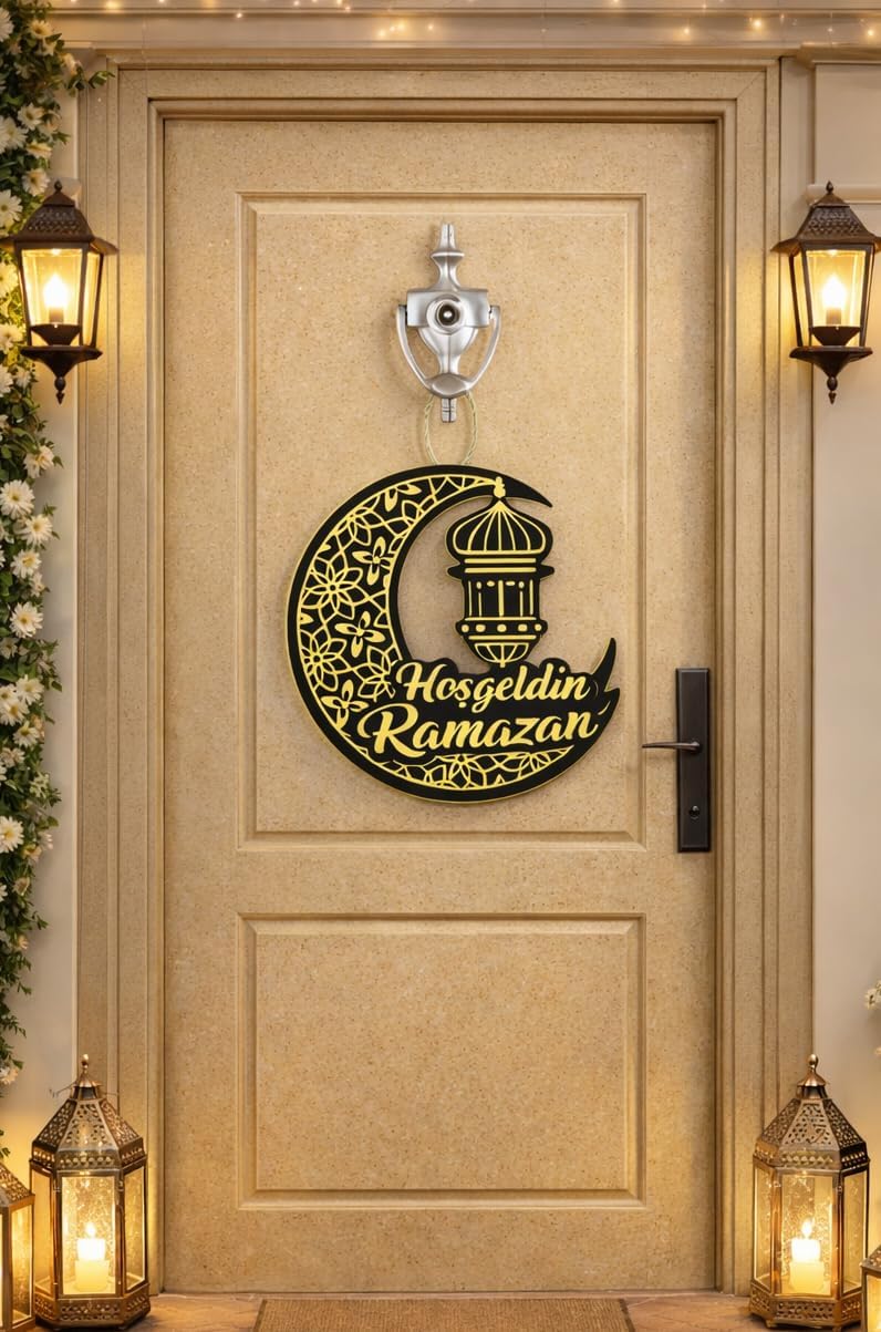 25-25 cm Hoş geldin Ramazan Dekorlu Ahşap Kapı Süsü, Ramazan Süsleri, Ramazan Tavan Süsü