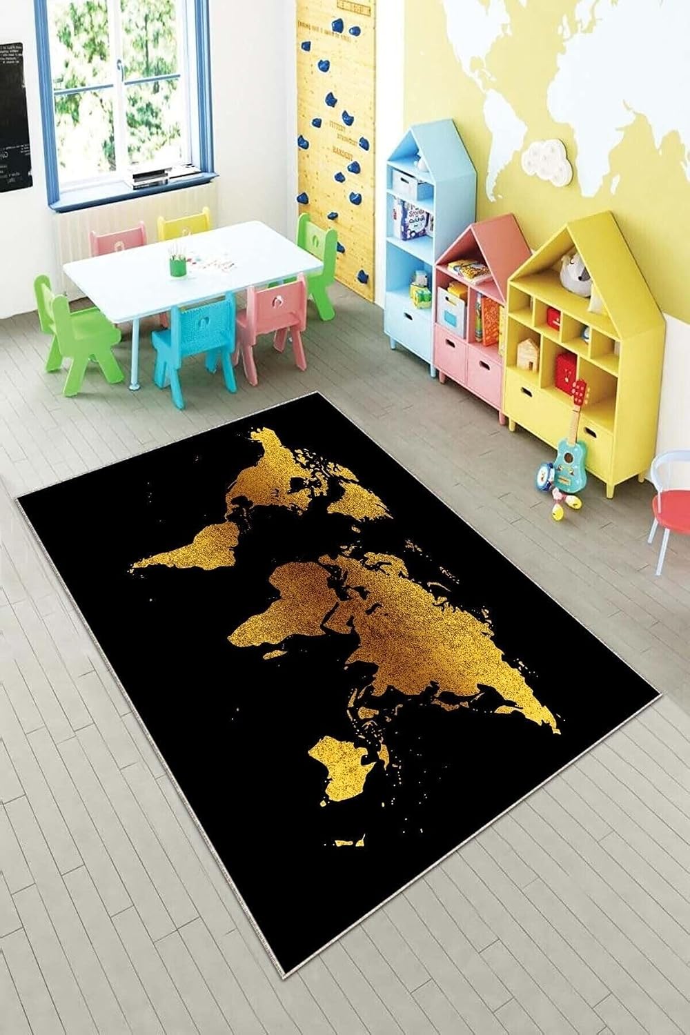 Pelangi Siyah Gold Dünya Işlemeli Yıkanabilir Kaymaz Taban Leke Tutmazbebek Ve Çocuk Odası Halısı, Siyah-Gold 160 x 250