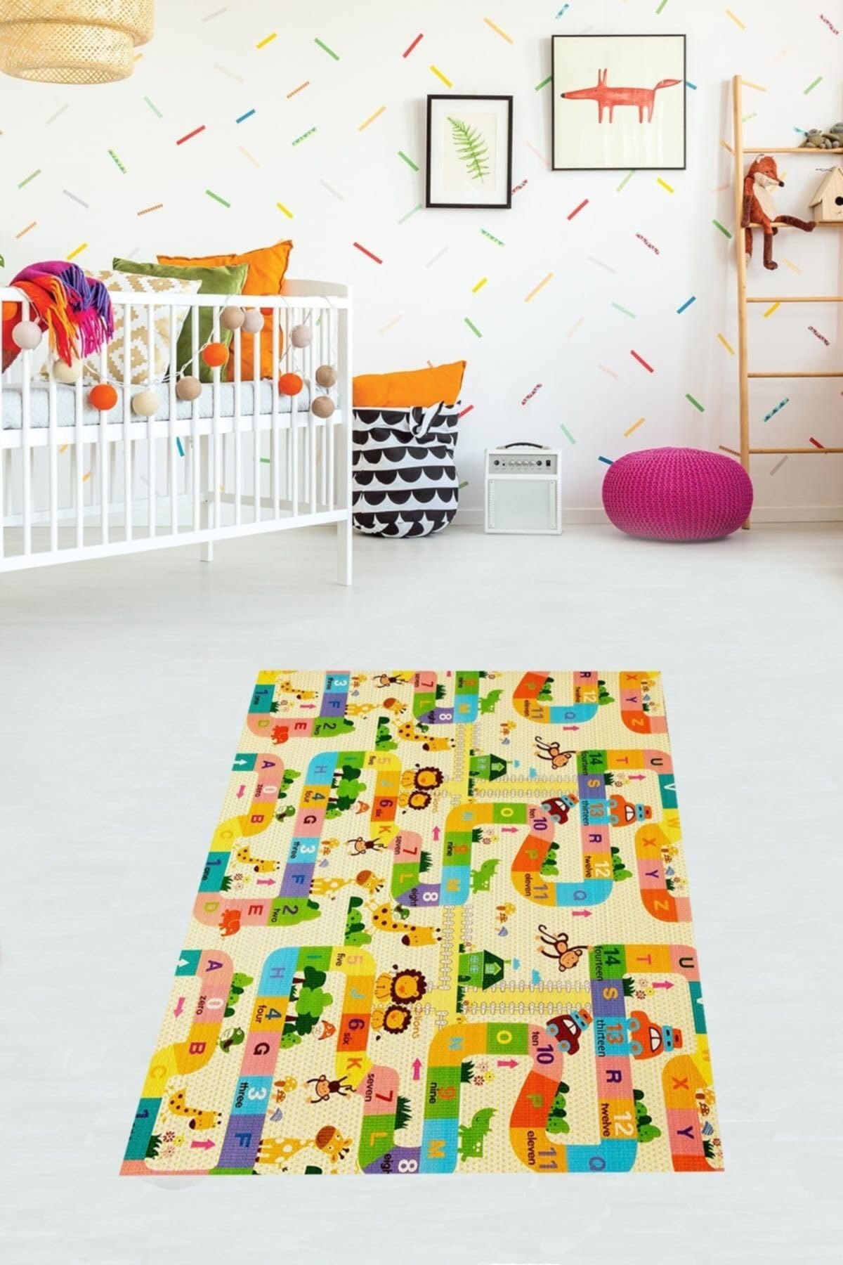 Pelangi Alfabe Ve Havanlar Desenli Eğitici Halı Dijital Baskı Yıkanabilir Kaymaz Taban Çocuk Odası Halısı, Sarı 80 x 400