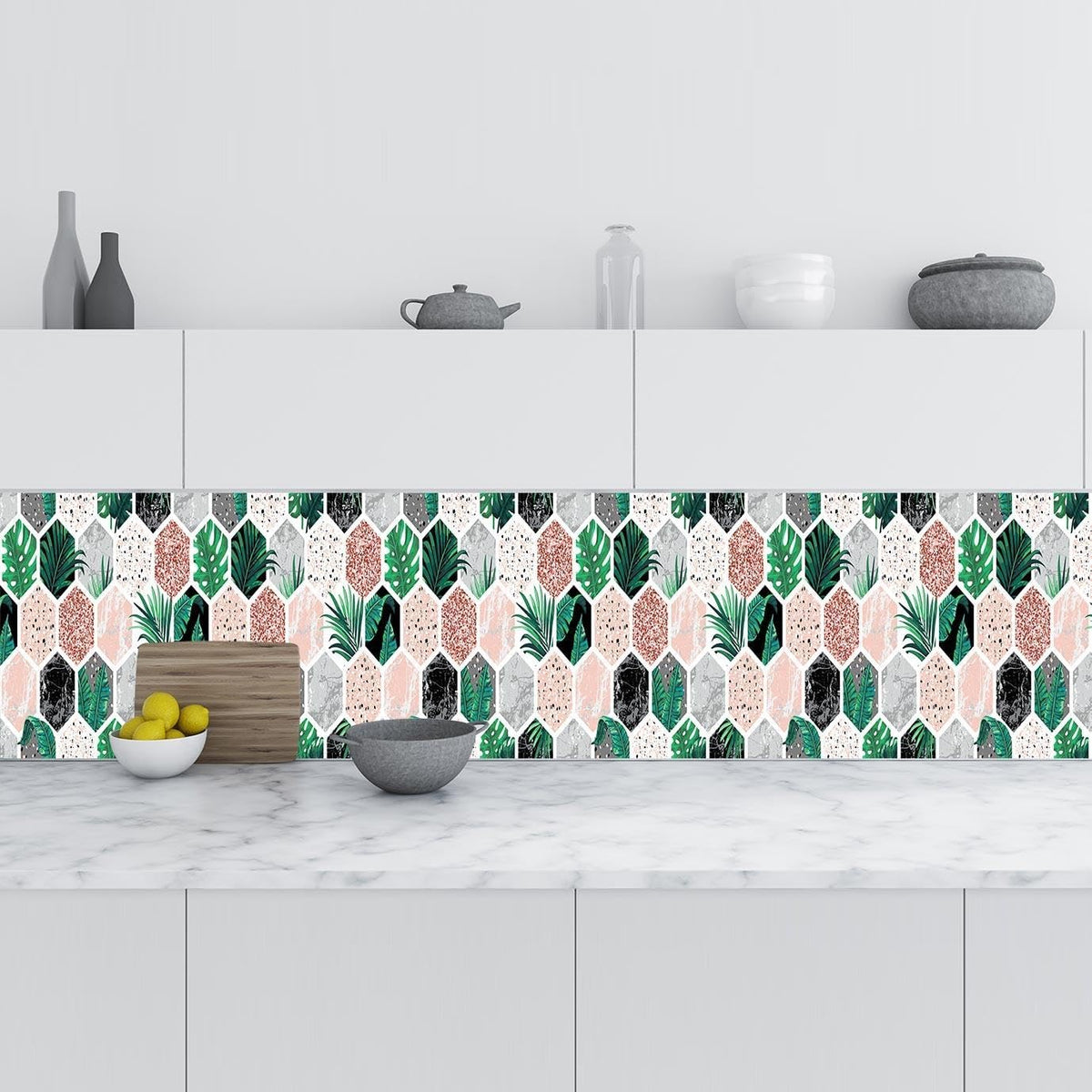 Mutfak Tezgah Arası Folyo Fayans Kaplama Folyosu Altıgen Çiçek 60x400 CM