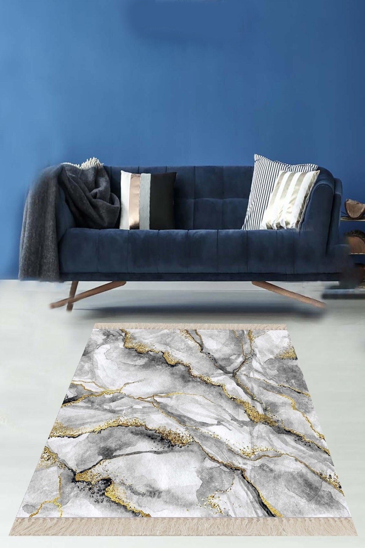 On The Clouds Gold Detaylı Gri Mermer Desenli Dijital Baskı Yıkanabilir Kaymaz Taban Salon Halı ve Yolluk MEG232, 180 x 250