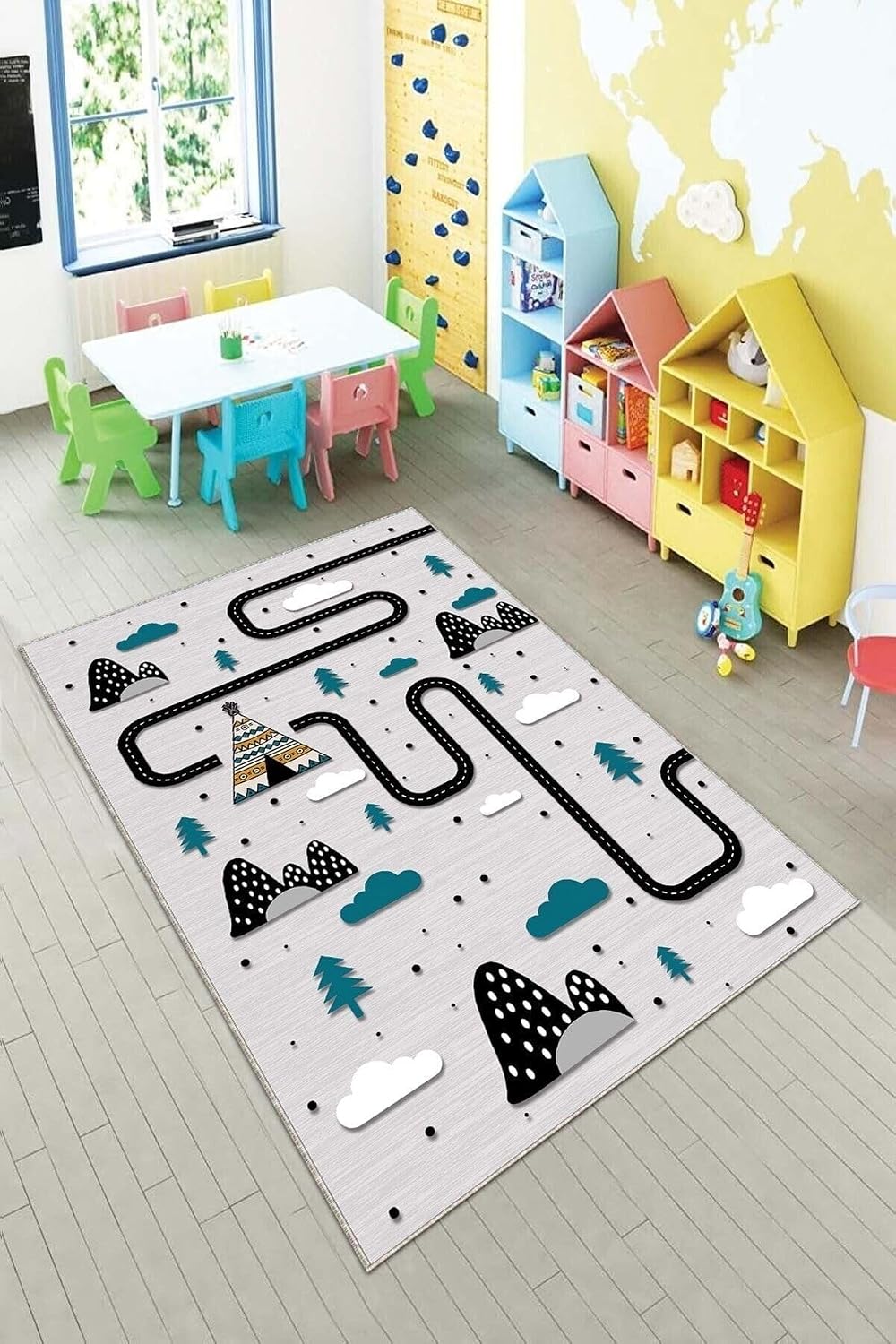 Pelangi Gri Çadır Ve Trafik Yollu Yıkanabilir Kaymaz Taban Leke Tutmazbebek Ve Çocuk Odası Halısı, Gri-Mavi 100 x 600, 901357084100600