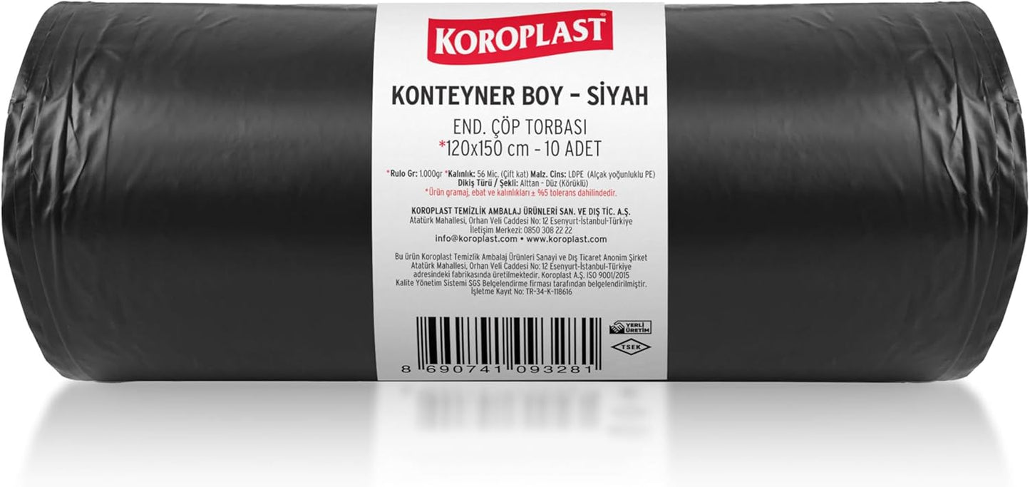 Konteyner Boy Çöp Torbası Siyah 10’lu 120x150 cm, Yırtılmaya Dayanıklı, Konteyner Boy Çöp Poşeti, Çift Katlı, Geri Dönüştürülebilir, Fabrika, İnşaat, Depo, Kafe, Otel, Hastane, Bahçe