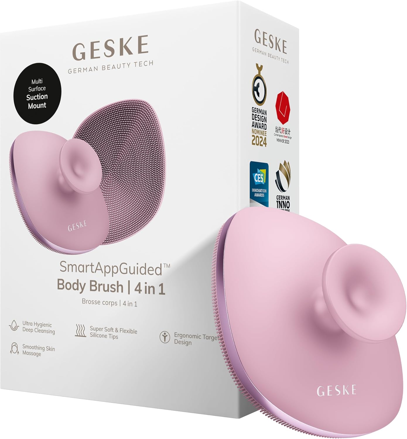 GESKE Yumuşak Fırça Dokulu Hijyenik Silikon Vücut Temizleme Fırçası Metal Detaylı PEMBE