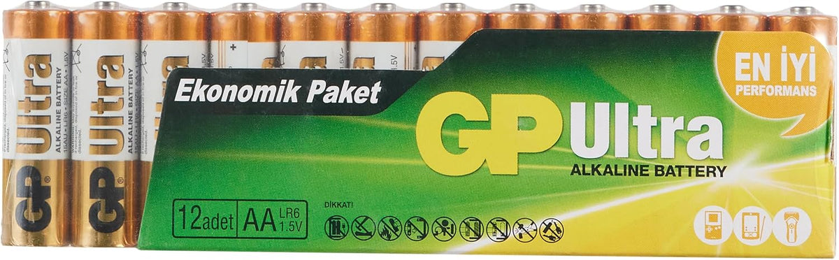 GP Batteries GP15AU Ultra Alkalin LR6/E91/AA Kalem Pil, 1.5 Volt, 12'li Paket, Bakır/Siyah/Beyaz