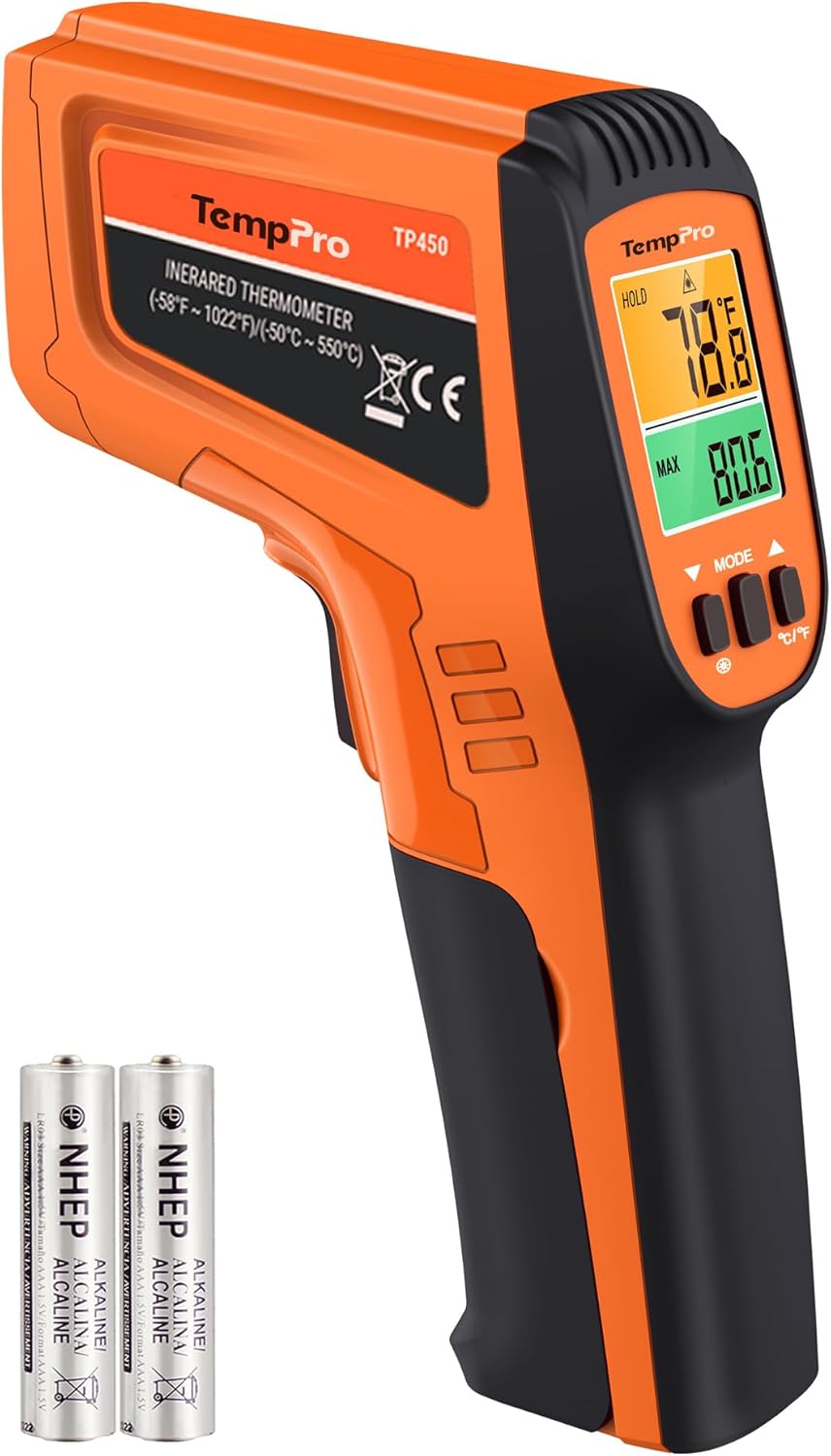 TP450 Endüstriyel Kızılötesi Lazer Termometre, -50°C ile 550°C Temassız Isı Ölçer Tabanca, Çift Lazerli ve Ayarlanabilir Emissivity (Sanayi Tipi)
