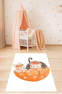 Pelangi Şemsiyedeki Ayıcık ve Tavşan Sevimli Hayvan Yıkanabilir Kaymaz Taban Leke Tutmaz Çocuk Odası Halısık, Turuncu-Kahve-Beyaz 160 x 240, 76420501602401