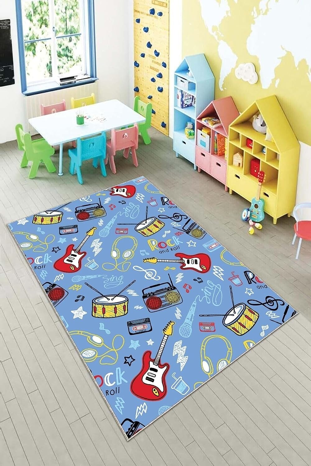 Pelangi Mavi Müzik Enstürmanı Desenli Yıkanabilir Kaymaz Taban Leke Tutmazbebek Ve Çocuk Odası Halısı, Mavi-Kırmızı 180 x 280