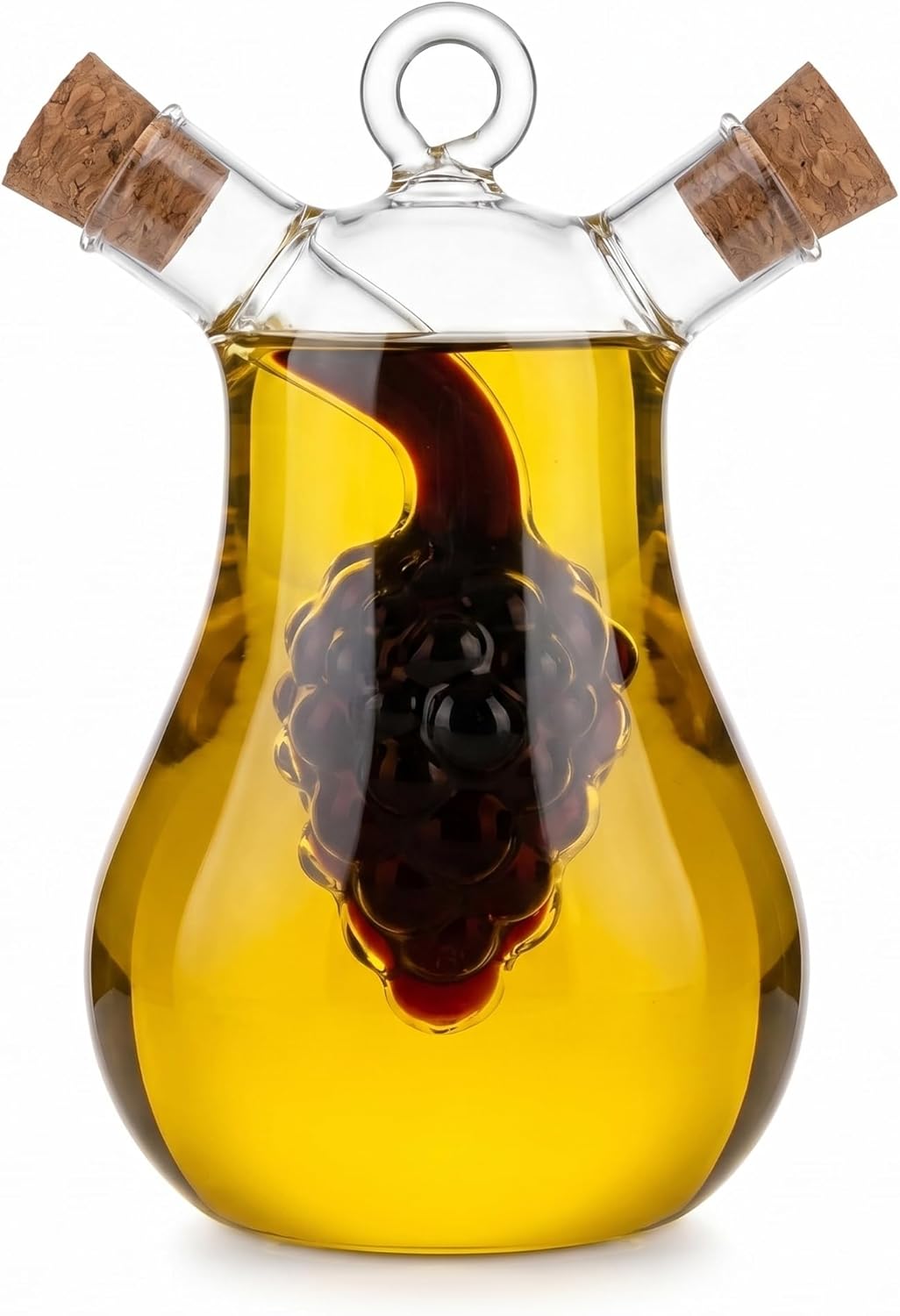 Çift Hazneli Borosilikat Cam Yağdanlık ve Sirkelik, Üzüm Figürlü, Damlatmaz, Mantar Tıpalı, 300 ml + 50 ml