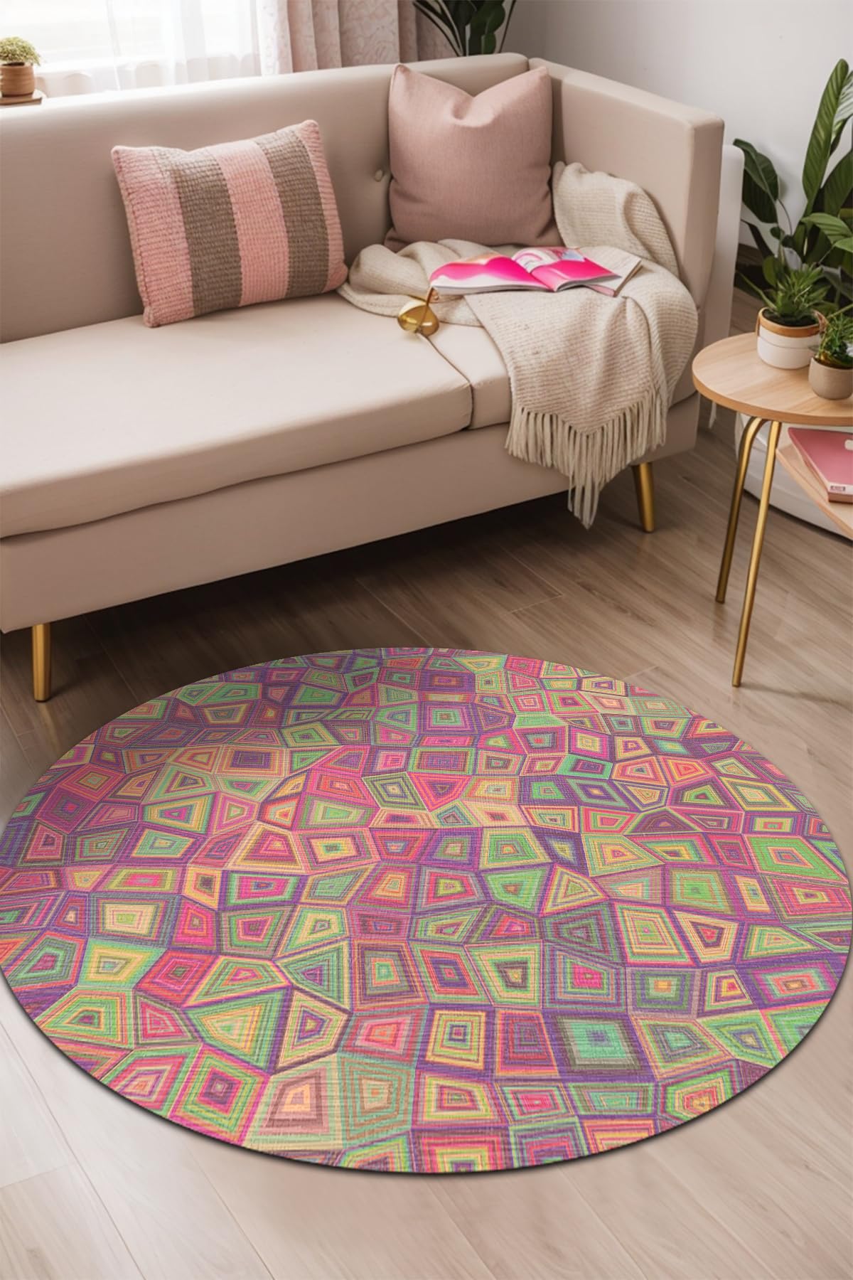Latte Dizayn Cava Modern Desenli Şönil Pamuk Tabanlı Yıkanabilir Kaymaz Antibakteriyel Yuvarlak Salon Halısı 100x100