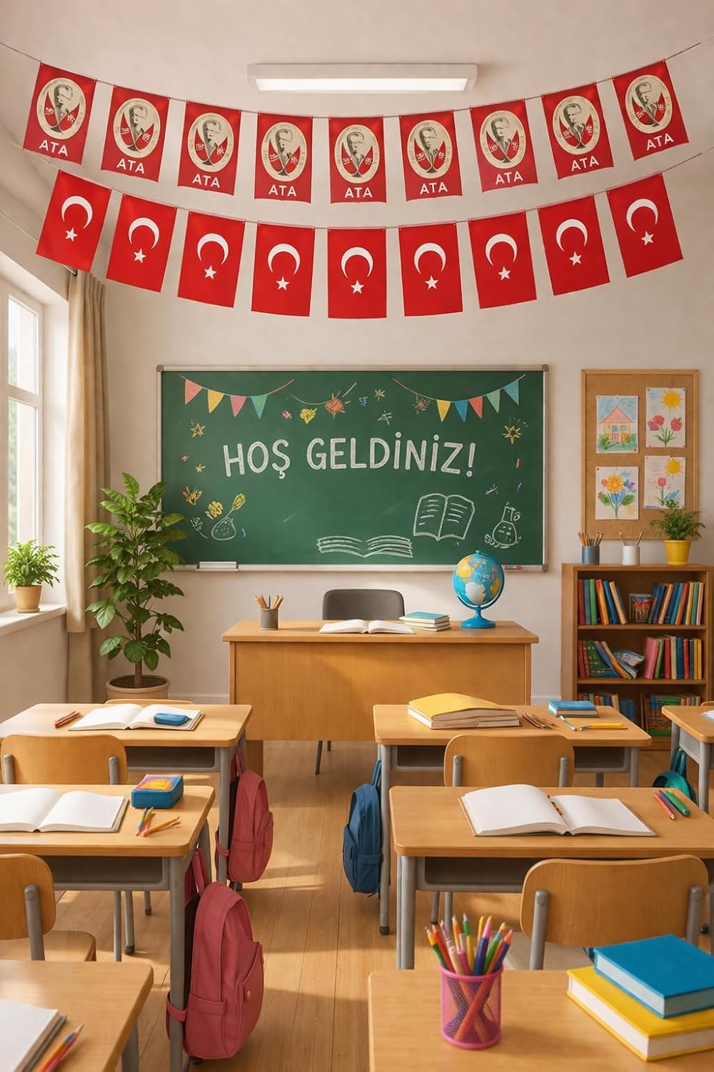 23 Nisan Süsleri 23 Nisan Hediyeleri İpli Ay Yıldızlı Bayrak 50 li, 50'li mini i̇pli ata baskılı bayrak