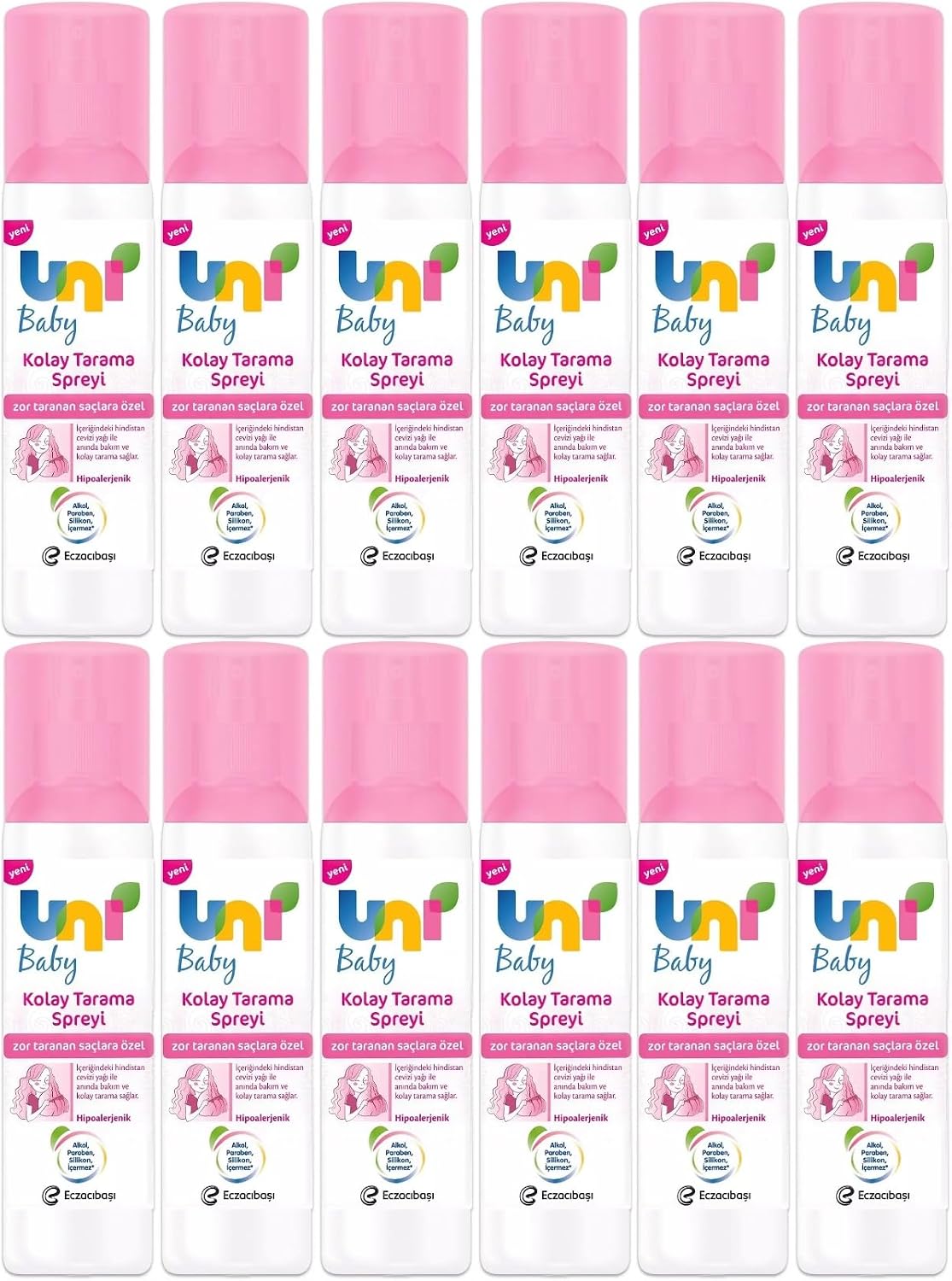 Uni Baby Kolay Saç Tarama Spreyi, 200ml, Zor Taranan Saçlara Özel, 12'li Set