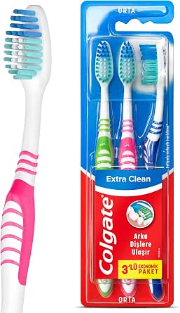Colgate Extra Clean Dil Temizleyicili Arka Dişlere Uzanan Orta Diş Fırçası 3'lü Ekonomik Paket