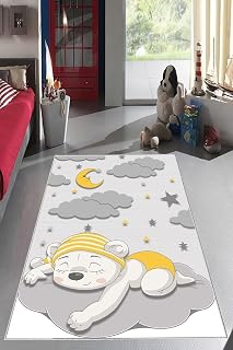 Pelangi Gri Uyuyan Ayıcık Desenli Yıkanabilir Kaymaz Taban Leke Tutmazbebek Ve Çocuk Odası Halısı, Gri-Sarı 180 x 280
