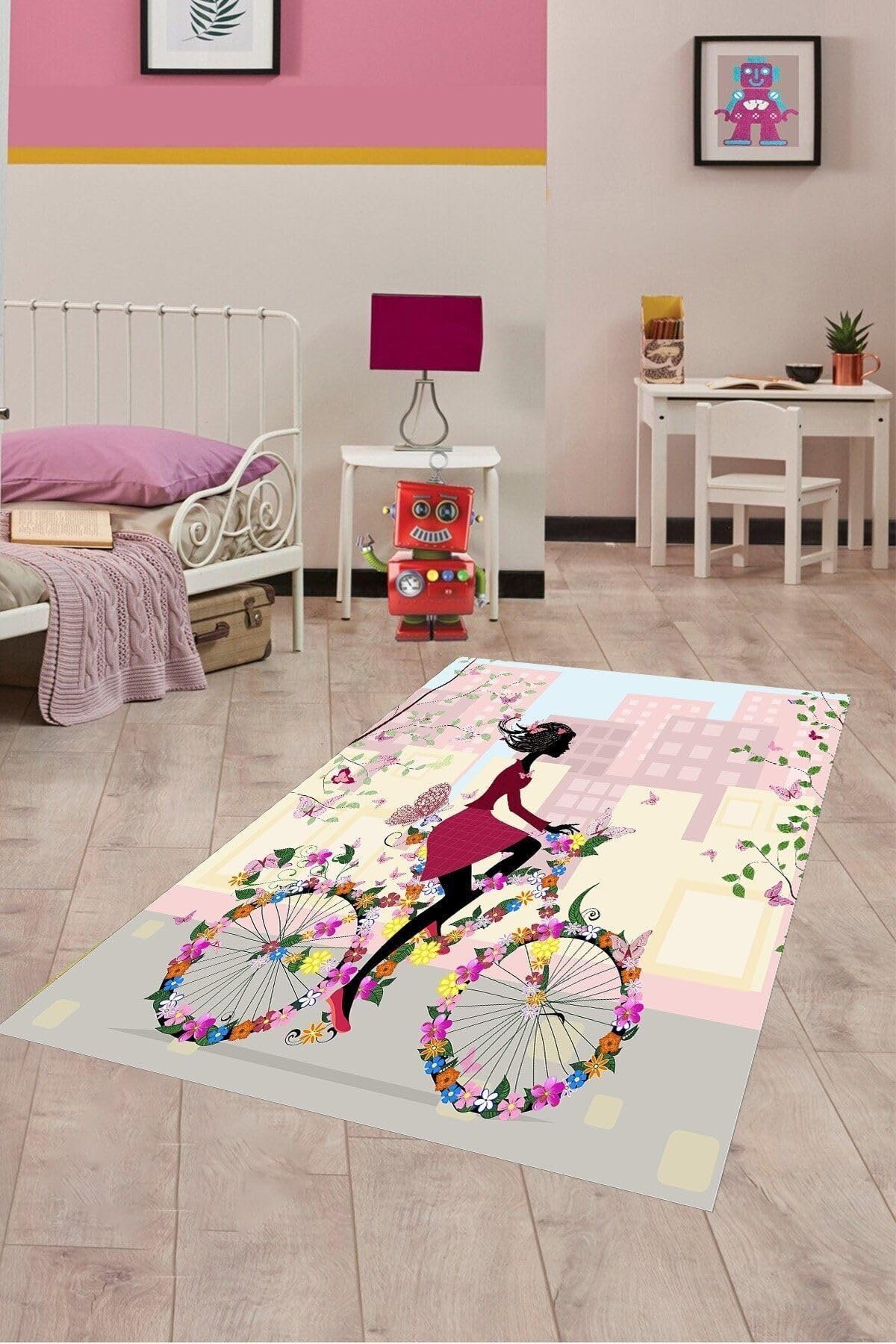 Pelangi Bisiklet Süren Kız Çiçekli Kelebekli Dijital Baskı Yıkanabilir Kaymaz Taban Çocuk Odası Halısı, Çok Renkli 160 x 300