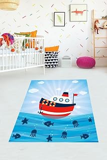Pelangi Denizci Gemi Desenli Dijital Baskı Yıkanabilir Kaymaz Taban Çocuk Odası Halısı, Mavi 80 x 350