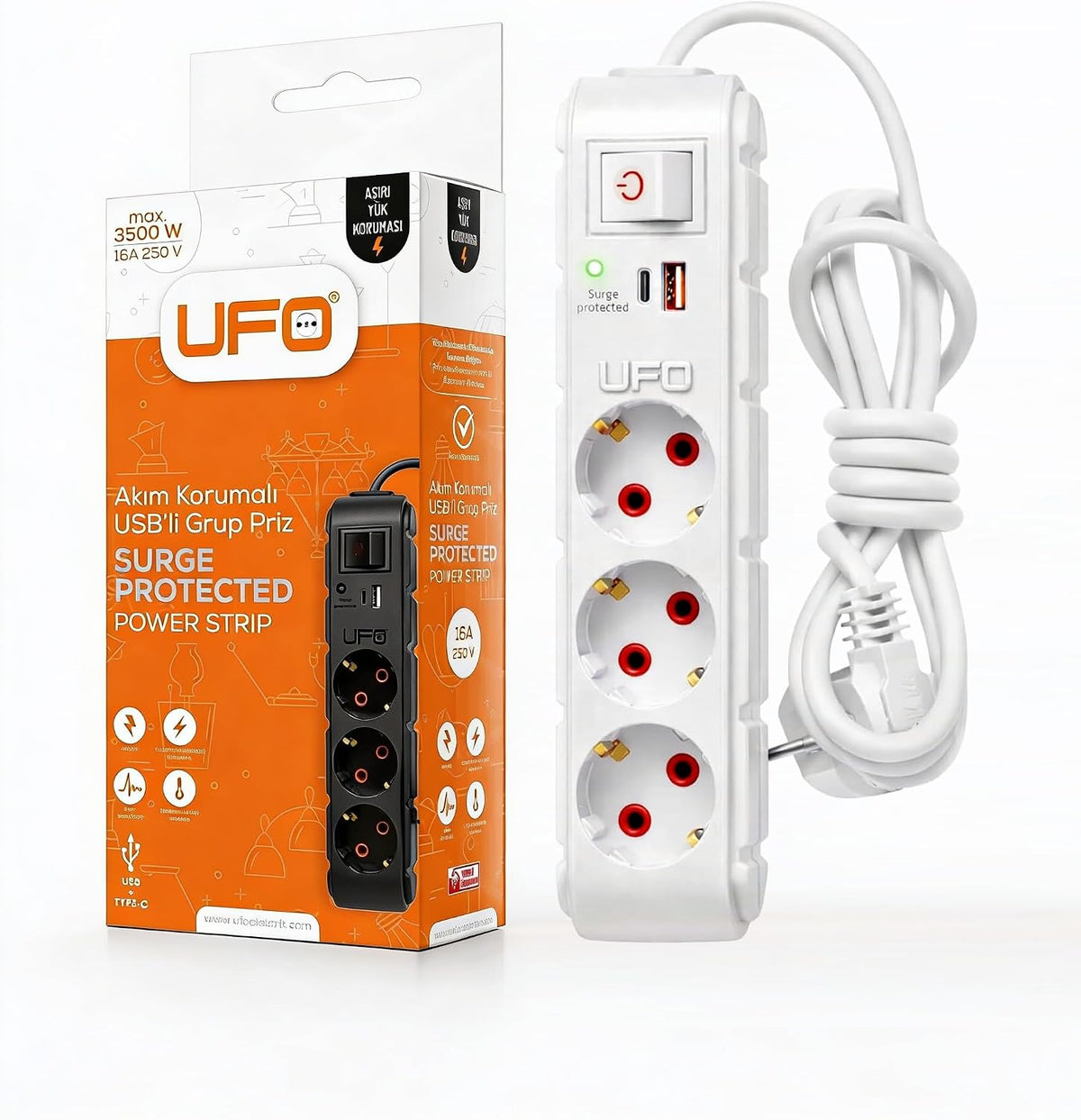 UFO Yeni 3lü Akım Korumalı Grup Priz 2,5 Metre Bakır Kablolu, 5V 2,4A USB ve Type-C ile Şarj, Anahtarlı Topraklı Priz, Sürekli Koruma, 16A 250V, Max 3500W Aşırı Yük Koruması, 2,5m. Beyaz renk