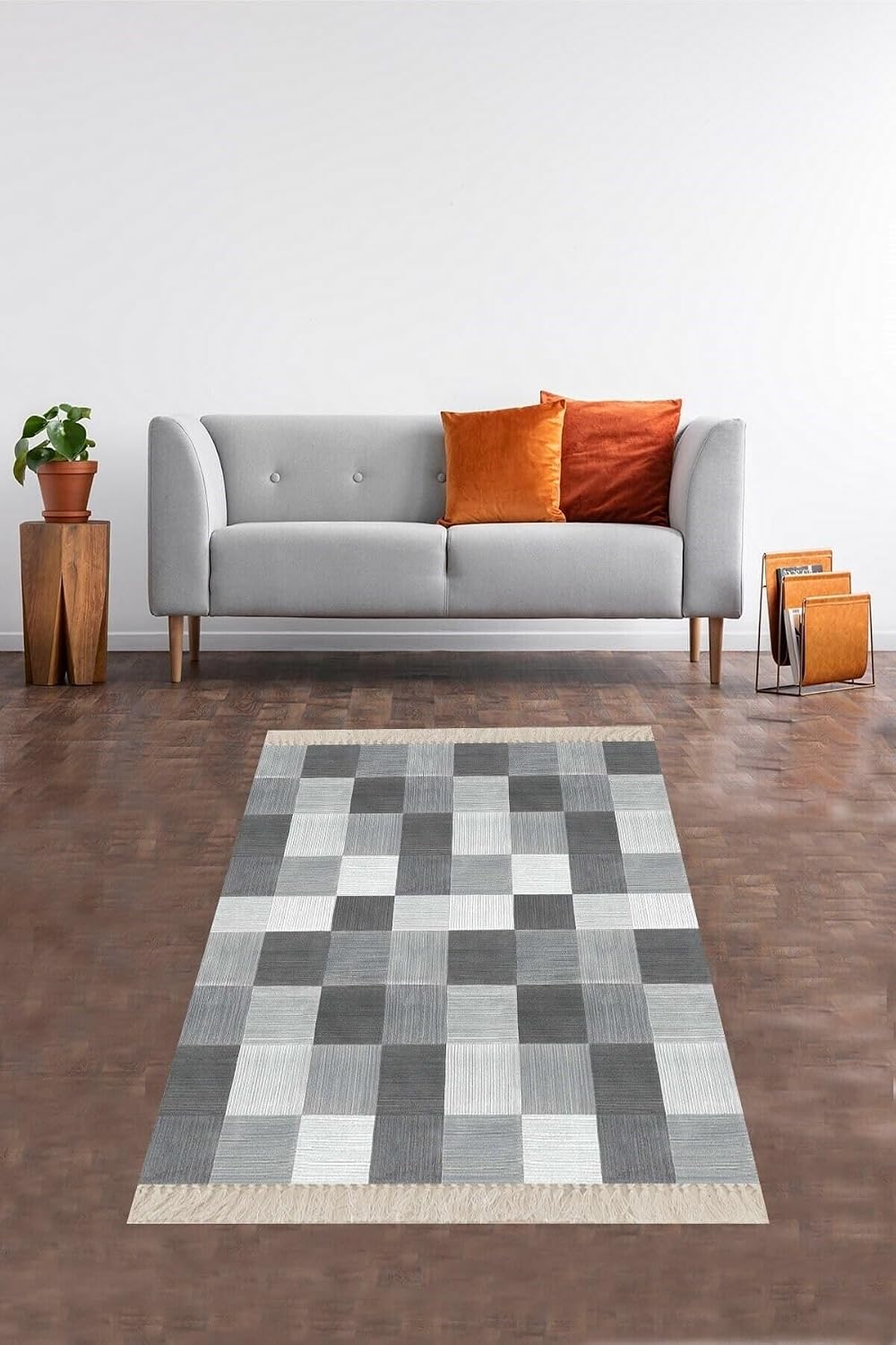 On The Clouds Kare Blok Desenli Dijital Baskı Yıkanabilir Kaymaz Taban Modern Salon Halısı ve Yolluk (Gri) MEG1381GR, 100 x 600