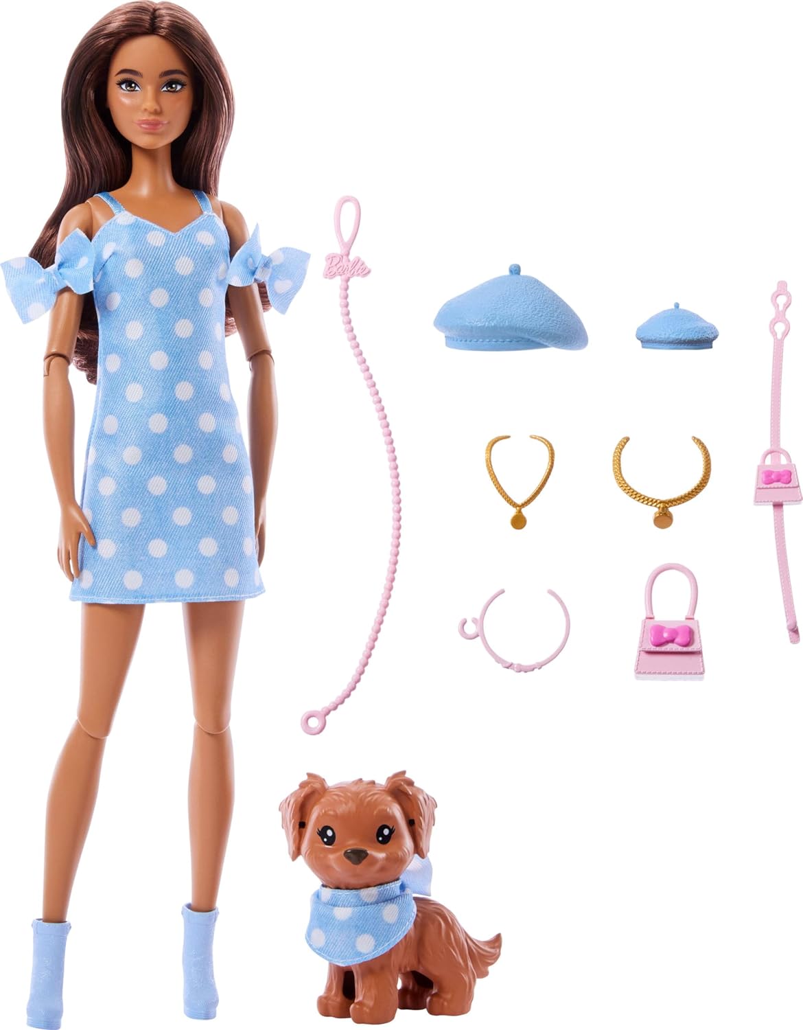 Barbie Uyumlu Dostlar kahverengi saçlı bebek ve köpekçiği, Puantiye desenli, mavi renkli kıyafetler giyen ve bere, çanta gibi aksesuarlar takan, JFP38