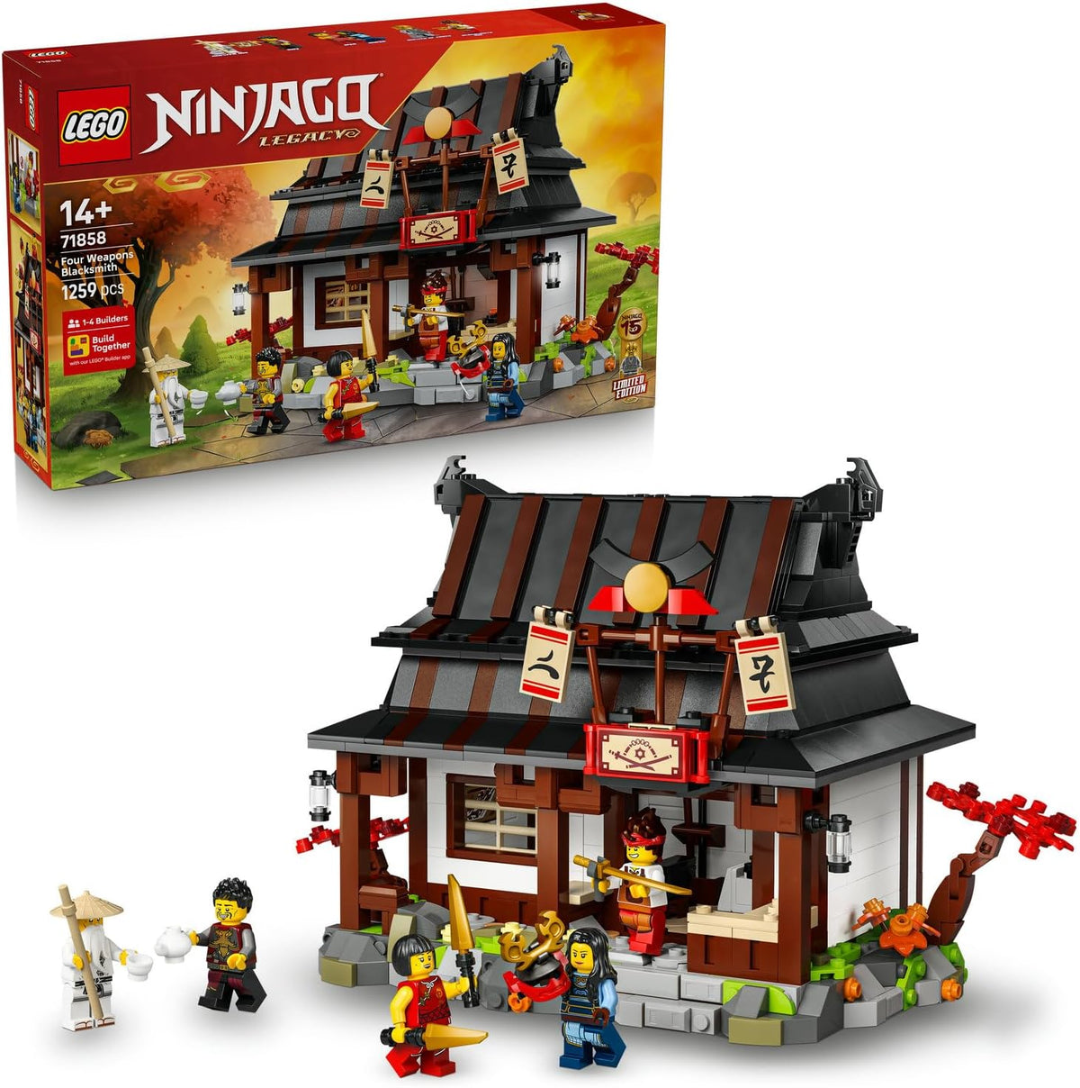 LEGO NINJAGO Dört Silah Demircisi 15. Yıl Dönümü 71858-14 Yaş ve Üzeri Çocuklar için Maya, Ray, Nya, Kai ve Toprak Ustası Minifigürleri İçeren Yaratıcı Oyuncak Yapım Seti, Hediye Fikri (1259 Parça)