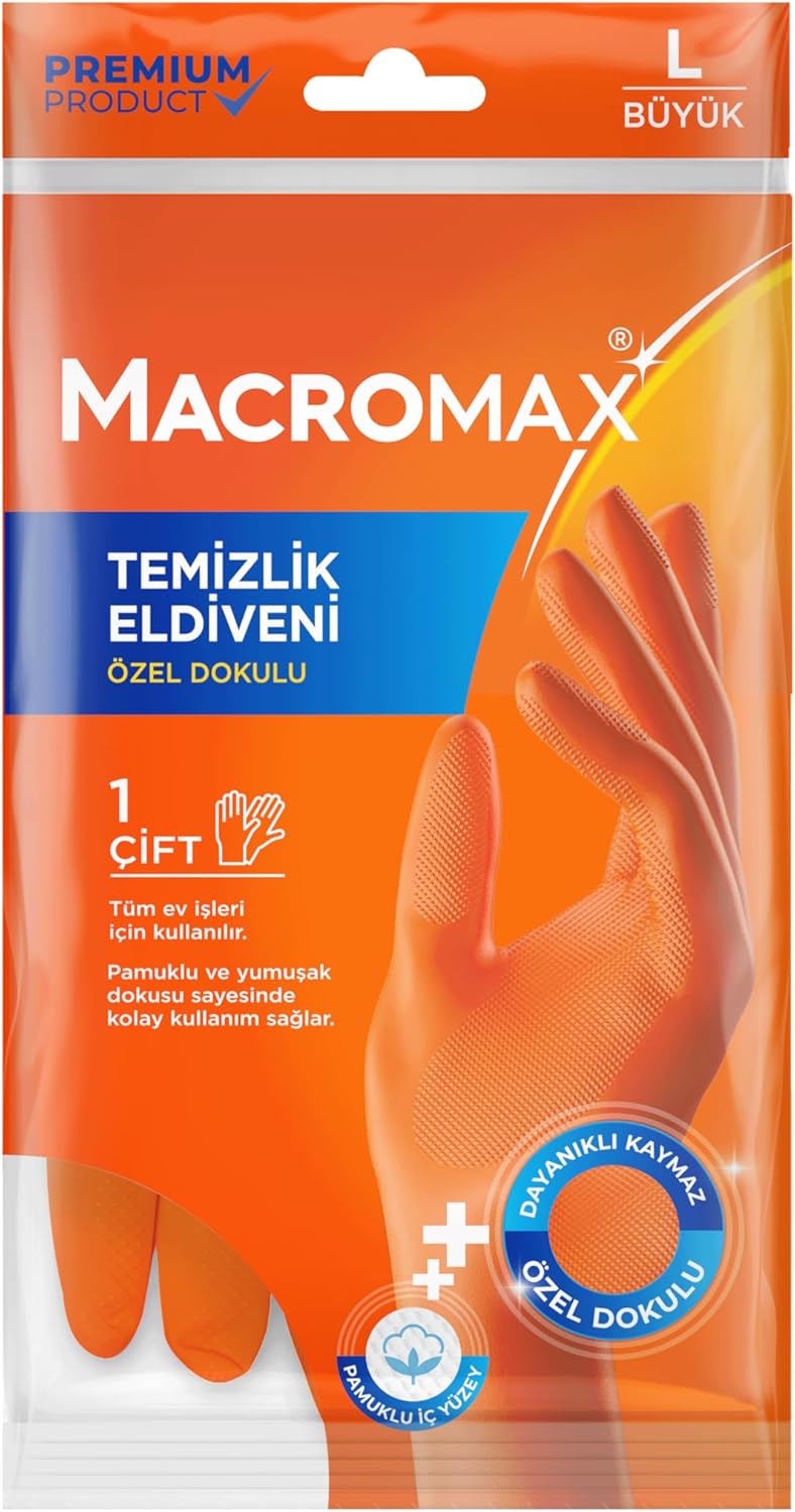 Macro Max Büyük Boy Large Beden Temizlik Eldiveni Pamuklu İç Yüzeyli, Kaydırmaz Desenli