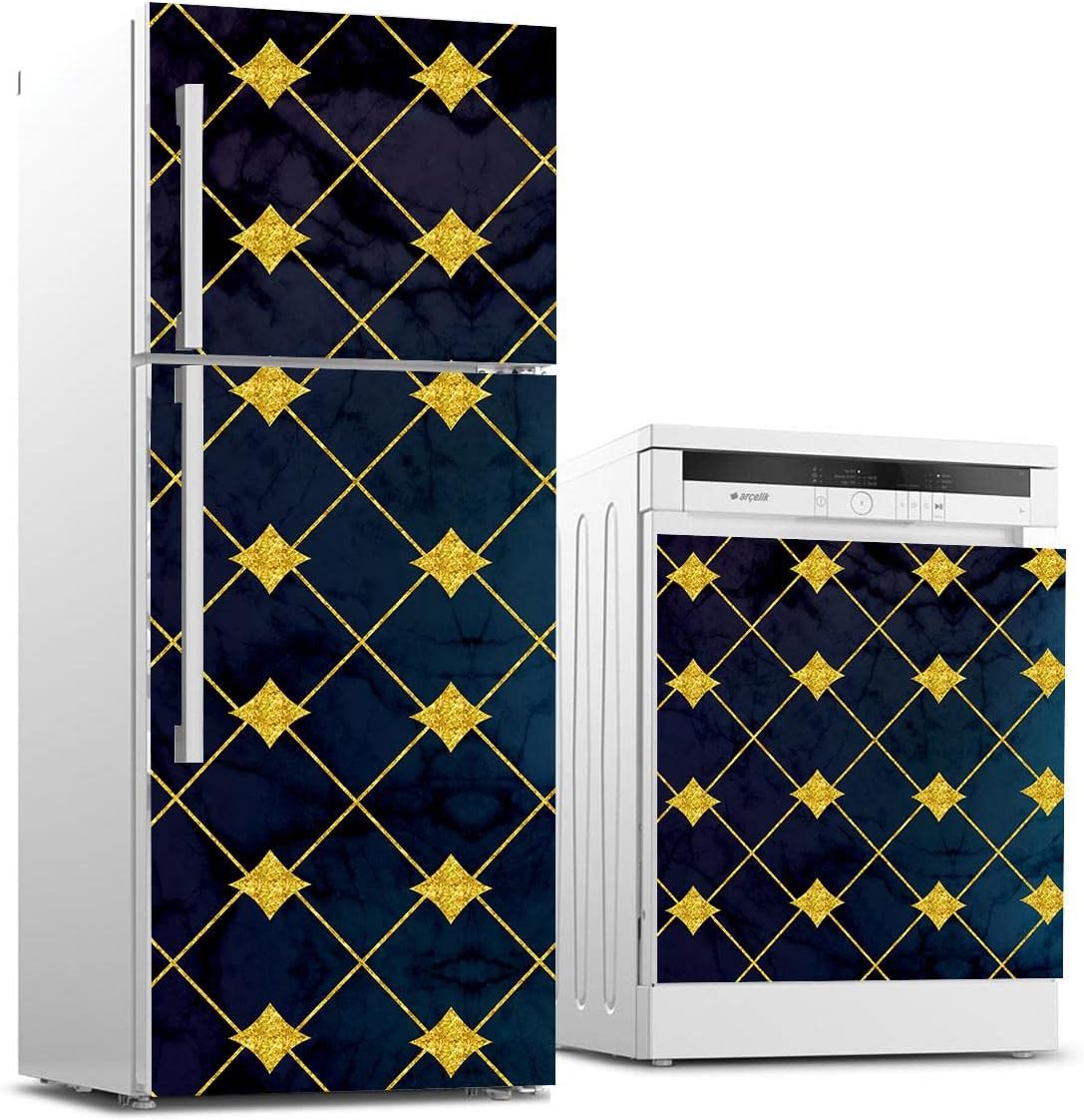 Buzdolabı ve Bulaşık Makinası Beyaz Eşya Sticker Kaplama Altın Çizgiler Mermer