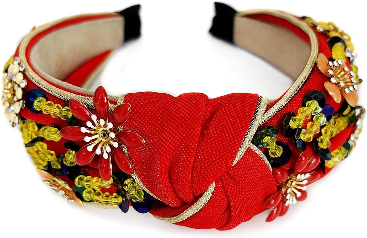 QTMY Yapay Elmas Kristal Geniş Saç Bantları Düğüm Türban Moda Vintage Saç Bandı Elastik Saç Çemberleri Kadınlar Kızlar için Saç Aksesuarları, Mor (Kırmızı 1)