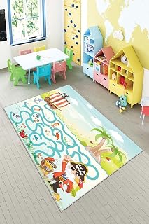 Pelangi Mavi Korsan Ve Hazine Desenli Yıkanabilir Kaymaz Taban Leke Tutmazbebek Ve Çocuk Odası Halısı, Yeşil-Mavi 80 x 500, 90135706980500