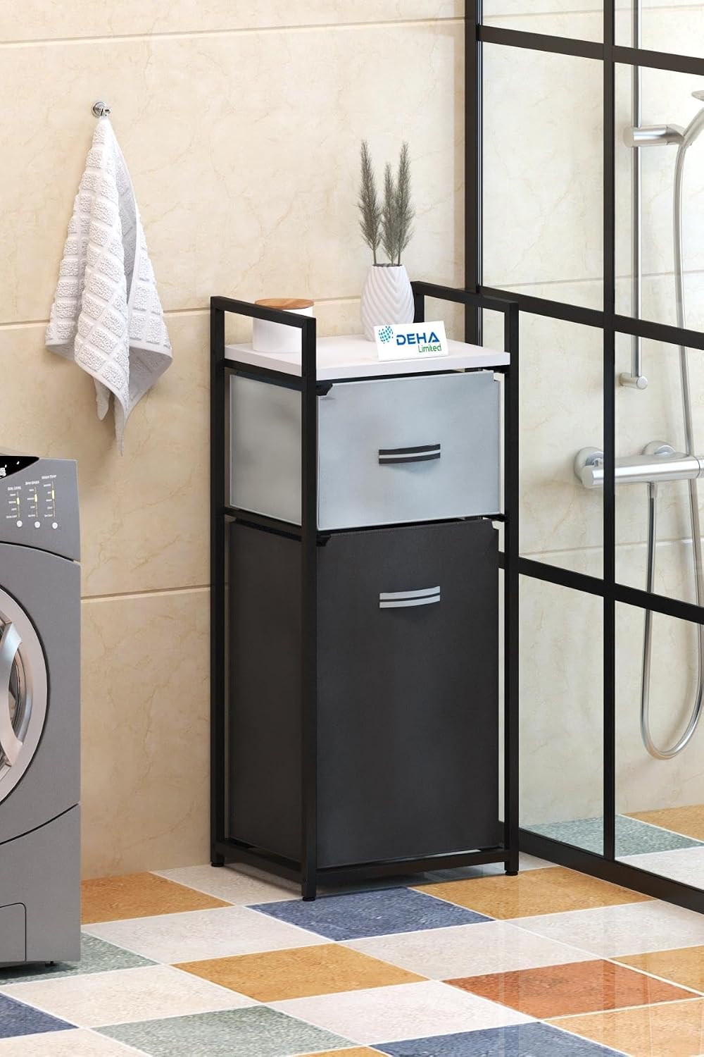 DH11 Raflı Çamaşır Sepeti Banyo Dolabı Kirli Sepetli Banyo Düzenleyici Çamaşırlık Beyaz