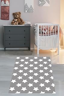 Pelangi Yıldız Desenli Gri Yıkanabilir Kaymaz Taban Leke Tutmaz Çocuk Odası Halısı, Gri-Beyaz 100 x 600, 9038680054100600