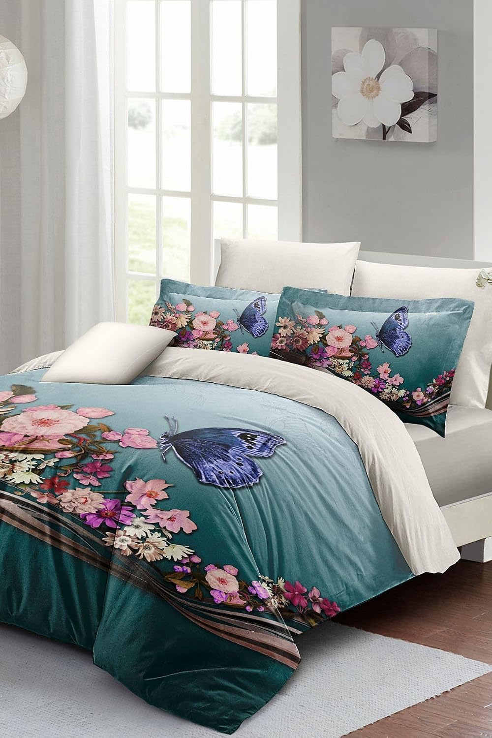 MONOHOME Anneler Günü Çift Kişilik Nevresim Takımı Lastikli Çarşaflı Blue Butterfly, monohome41892