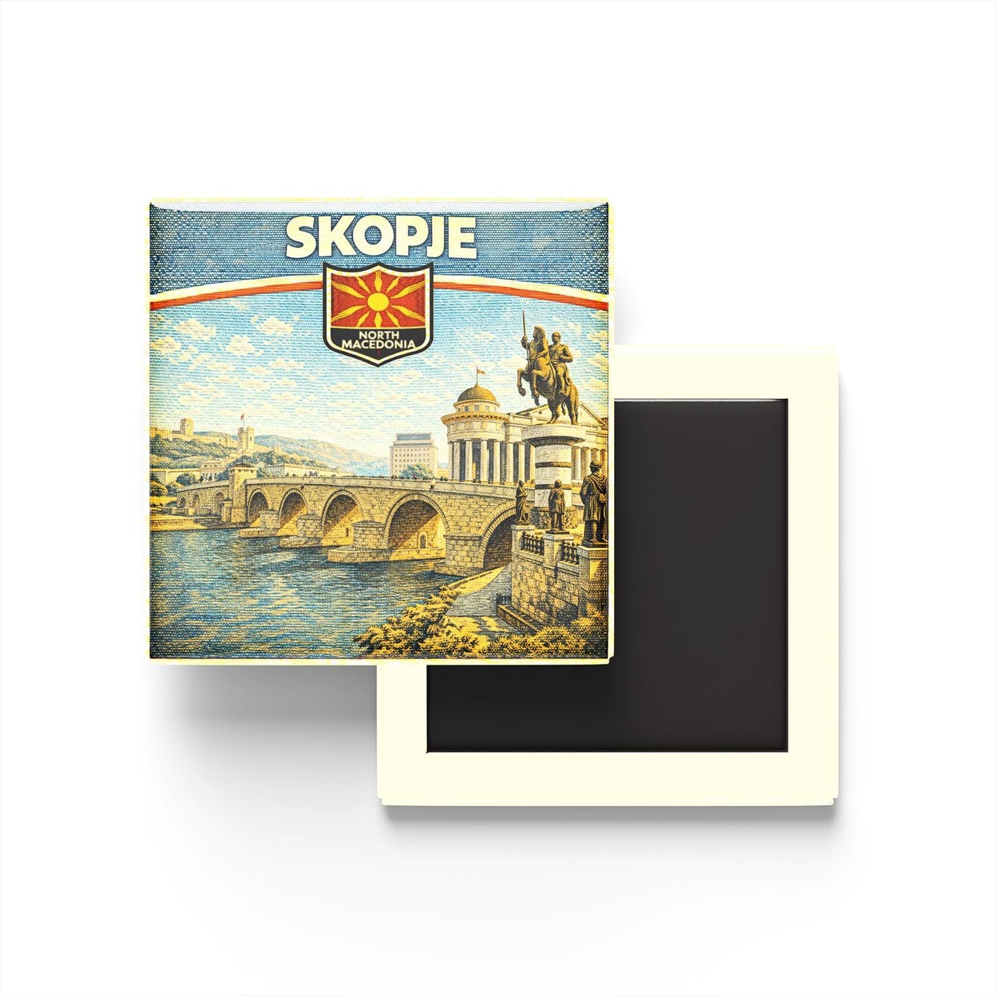 Kuzey Makedonya Üsküp Şehri Temalı Vintage Buzdolap Magneti – 9x9 cm