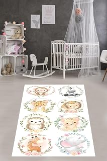 Pelangi Ormandaki Hayvanlar Fil Zebra Maymun Yıkanabilir Kaymaz Taban Leke Tutmaz Çocuk Odası Halısık, Beyaz-Kırmızı 100 x 600, 76420071006001