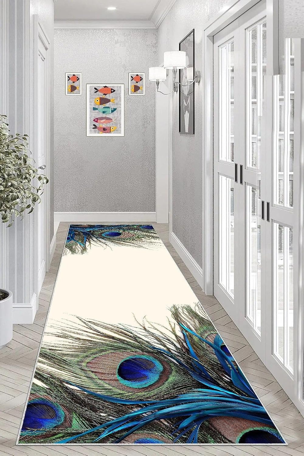 Pelangi Tavuskuşu Tüyü Desenli Dijital Baskı Yıkanabilir Kaymaz Taban Modern Salon Halı ve Yolluk, Mavi-Krem 100 x 600, 95543991006007