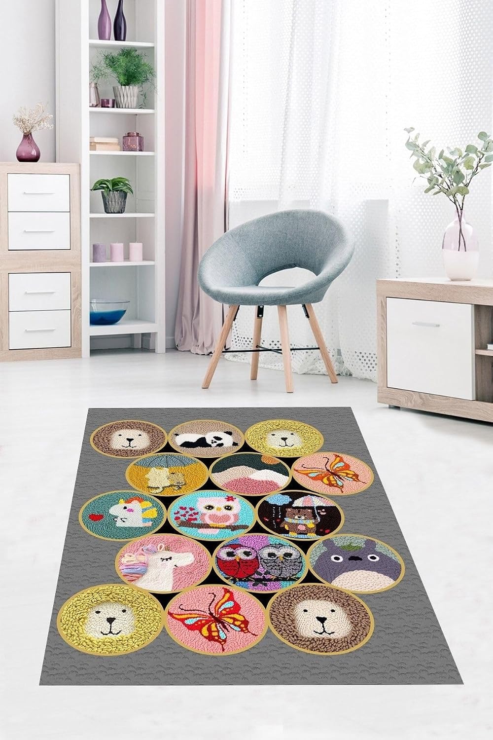 Pelangi Animal Desenli Hayvan Figürlü Dijital Baskılı Yıkanabilir Kaymaz Taban Çocuk Odası Halısı, Karışık Renkli 100 x 300