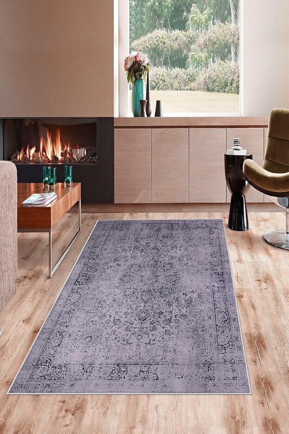 Pelangi Gri Vintage Desenli Yıkanabilir Kaymaz Taban Leke Tutmaz Modern Salon Halısı Ve Yolluk, Lila 100 x 400, 1358327100400728