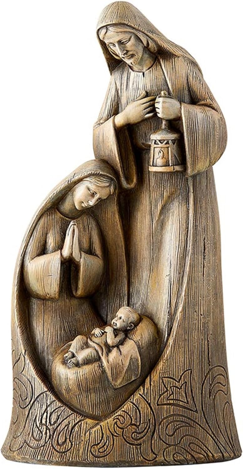 Avalon Galeri Noel Figürleri - Oyma Ahşap Görünümlü Joseph Mary ve Jesus Masa Üstü Doğum Heykelcik, 25,8 cm, Kutsal Aile
