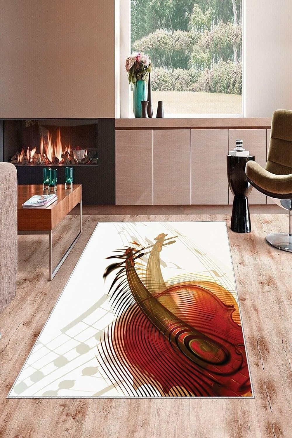Pelangi Krem Desenli Keman Motifli Yıkanabilir Kaymaz Taban Leke Tutmaz Modern Salon Halısı Ve Yolluk, Krem-Turuncu 160 x 300, 135828616030005