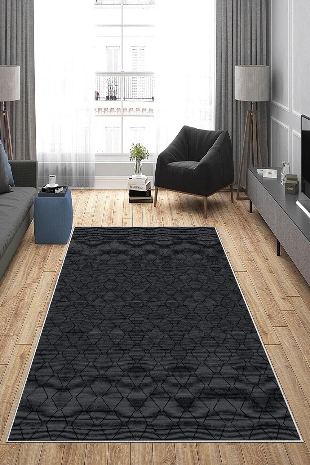 Pelangi Gri Baklava Desen Yıkanabilir Kaymaz Taban Leke Tutmaz Modern Salon Halısı Ve Yolluk, Antrasit 160 x 240, 135819316024005