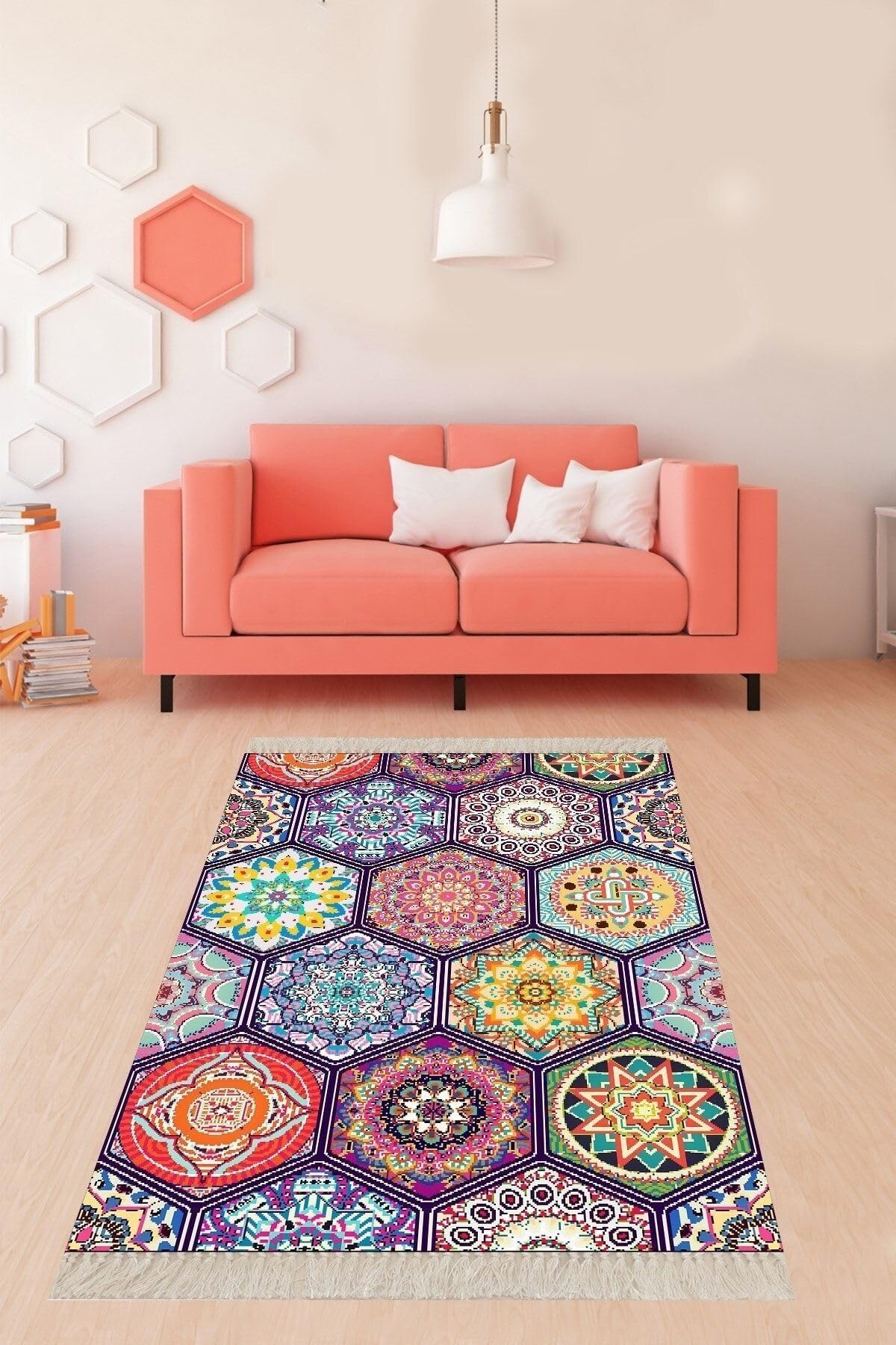 Pelangi Mandala Desenli Çiçekli Dijital Baskı Yıkanabilir Kaymaz Taban Etnik Salon Halısı Ve Yolluk, Karışık Renkli 160 x 250, 910263160250728