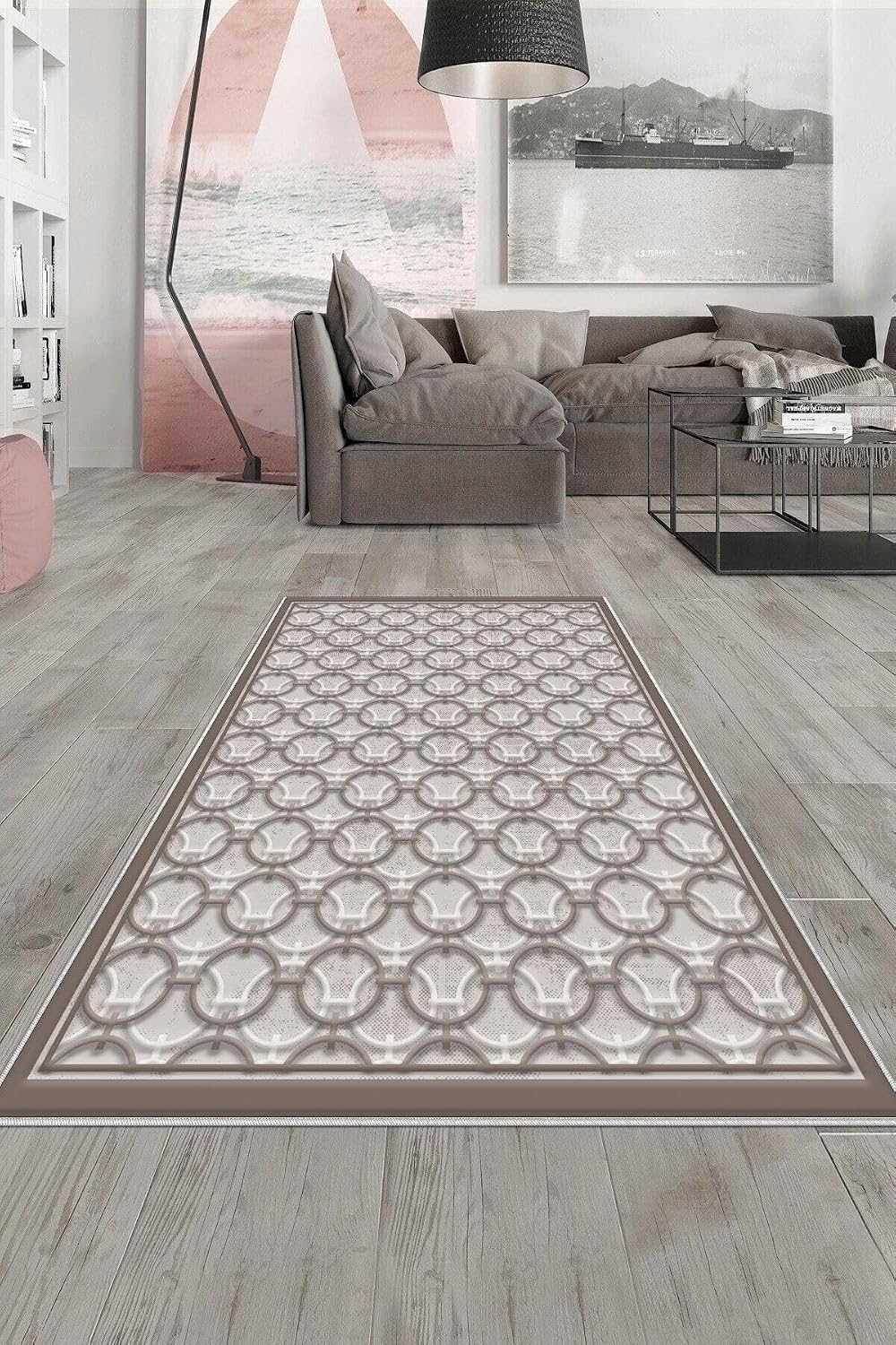 Pelangi Gri Bej Halka Desenli Yıkanabilir Kaymaz Taban Leke Tutmaz Modern Salon Halısı Ve Yolluk, Gri-Vizon 180 x 250