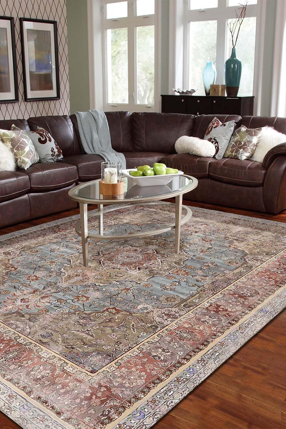 Avlin Vintage Desenli Şönil Pamuk Tabanlı Yıkanabilir Kaymaz Antibakteriyel Salon Halısı 160x230