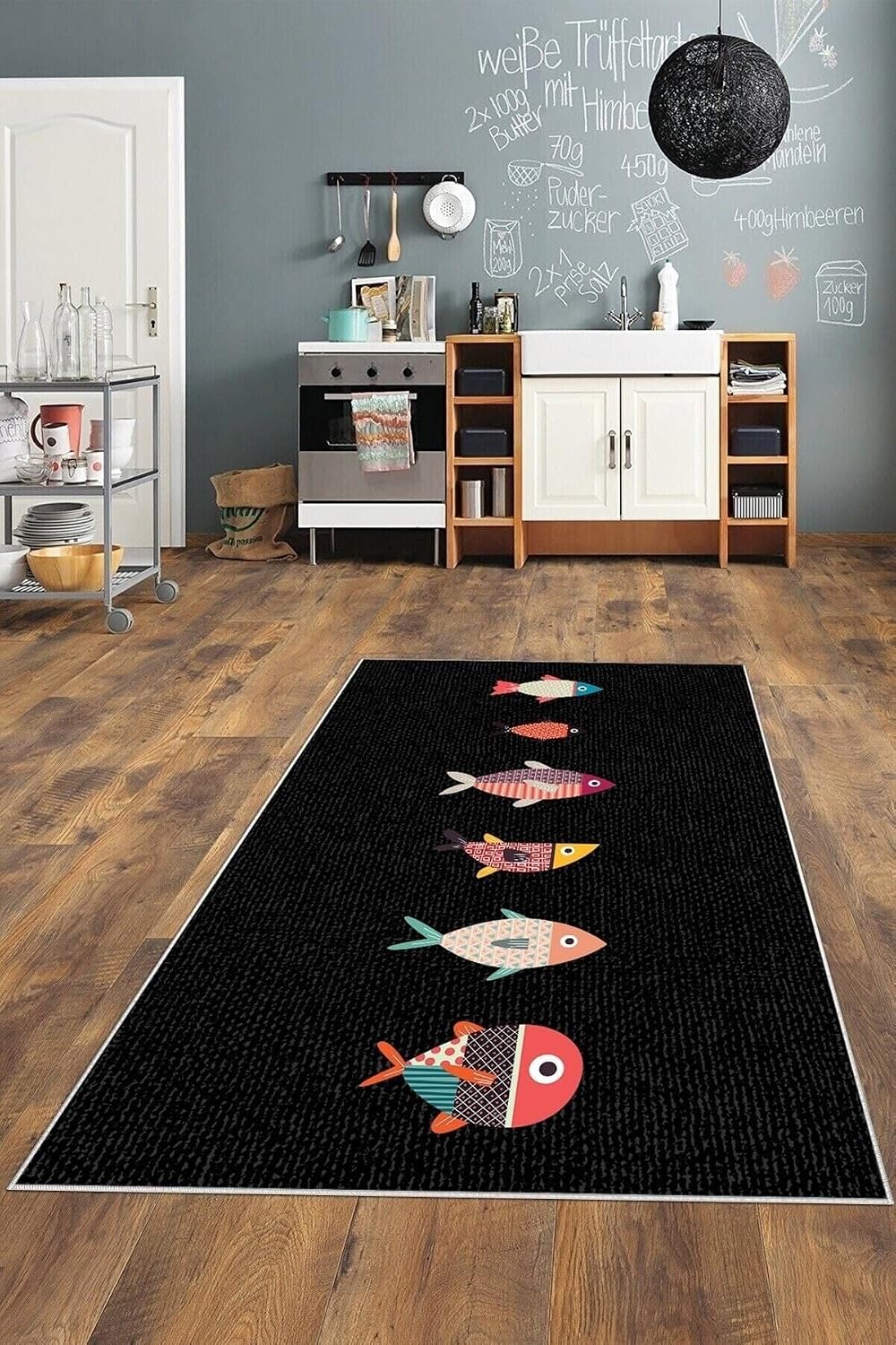 Pelangi Siyah Balık Detaylı Yıkanabilir Kaymaz Taban Leke Tutmaz Modern Salon Halısı Ve Yolluk, Siyah-Renkli 80 x 500, 13582378050005