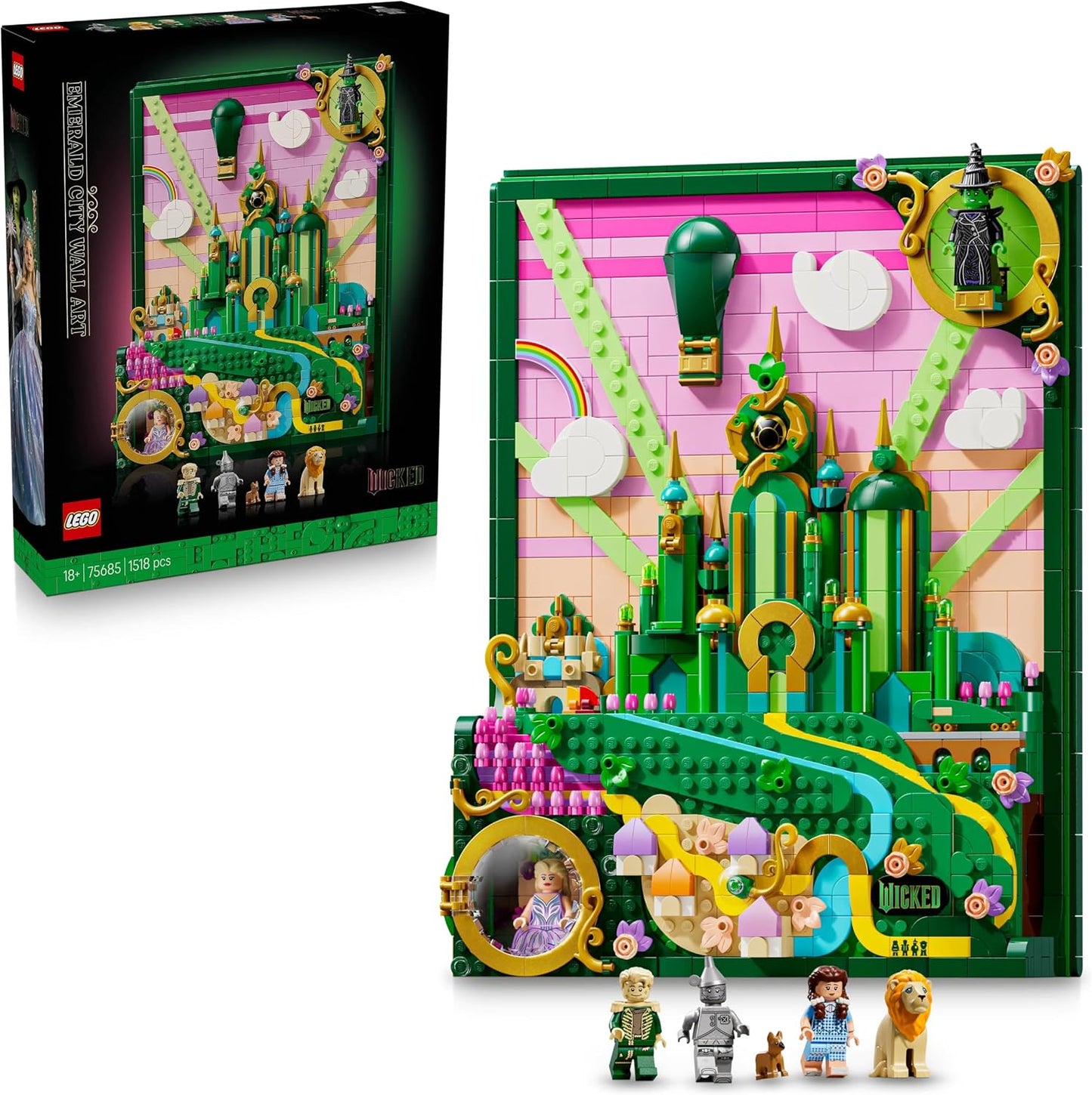 LEGO Wicked Emerald City Duvar Tablosu 75685 - Yetişkin Kadınlar ve Erkekler için Dorothy Gale, Korkak Aslan, Korkuluk ve Teneke Adam Minifigürleri İçeren Dekoratif Model Yapım Seti (1518 Parça)