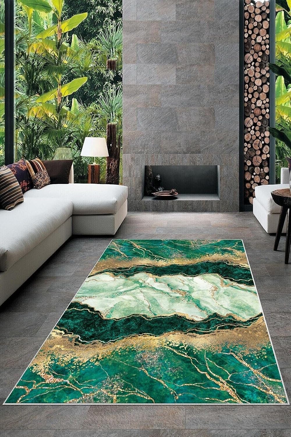 Pelangi Yeşil Mermer Desenli Yıkanabilir Kaymaz Taban Leke Tutmaz Modern Salon Halısı Ve Yolluk, Yeşil-Gold 160 x 240